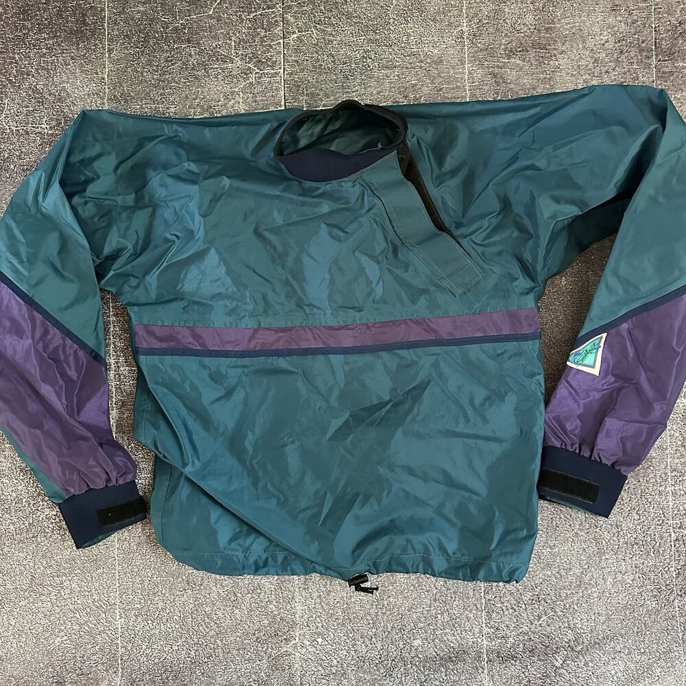 Mens Vintage 90s Stohlquist Teal Purple Water Ware Color Block Kayak Jacket Sz S